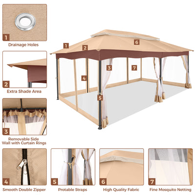 Hoteel 12'x20' Outdoor Gazebo Heavy Duty Gazebo Sun Shade Canopy Tent with 4 Sandbags, Waterproof, Double Tiers & Mesh Netting for Lawn, Garden, Backyard & Deck, Khaki