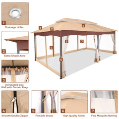 Hoteel 12'x20' Outdoor Gazebo Heavy Duty Gazebo Sun Shade Canopy Tent with 4 Sandbags, Waterproof, Double Tiers & Mesh Netting for Lawn, Garden, Backyard & Deck, Khaki