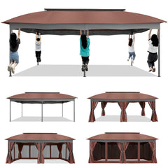 COBIZI Gazebo 12x20 Heavy Duty Patio Gazebo with Mosquito Netting Deck Gazebo with Metal Steel Frame Large Screen Gazebo Tent Waterproof with Double Roof for Party, Backyard, Deck, Garden, Brown