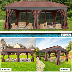 COBIZI Gazebo 12x20 Heavy Duty Patio Gazebo with Mosquito Netting Deck Gazebo with Metal Steel Frame Large Screen Gazebo Tent Waterproof with Double Roof for Party, Backyard, Deck, Garden, Brown