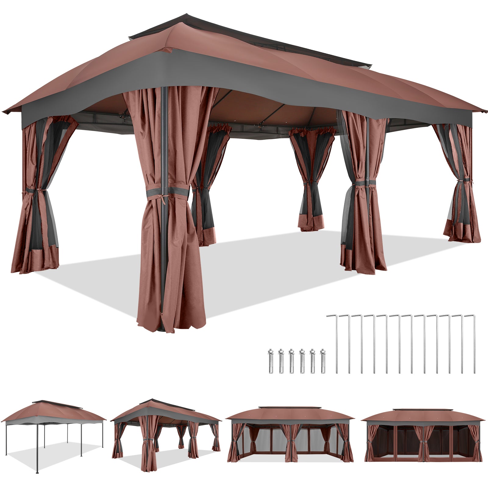 COBIZI Gazebo 12x20 Heavy Duty Patio Gazebo with Mosquito Netting Deck Gazebo with Metal Steel Frame Large Screen Gazebo Tent Waterproof with Double Roof for Party, Backyard, Deck, Garden, Brown