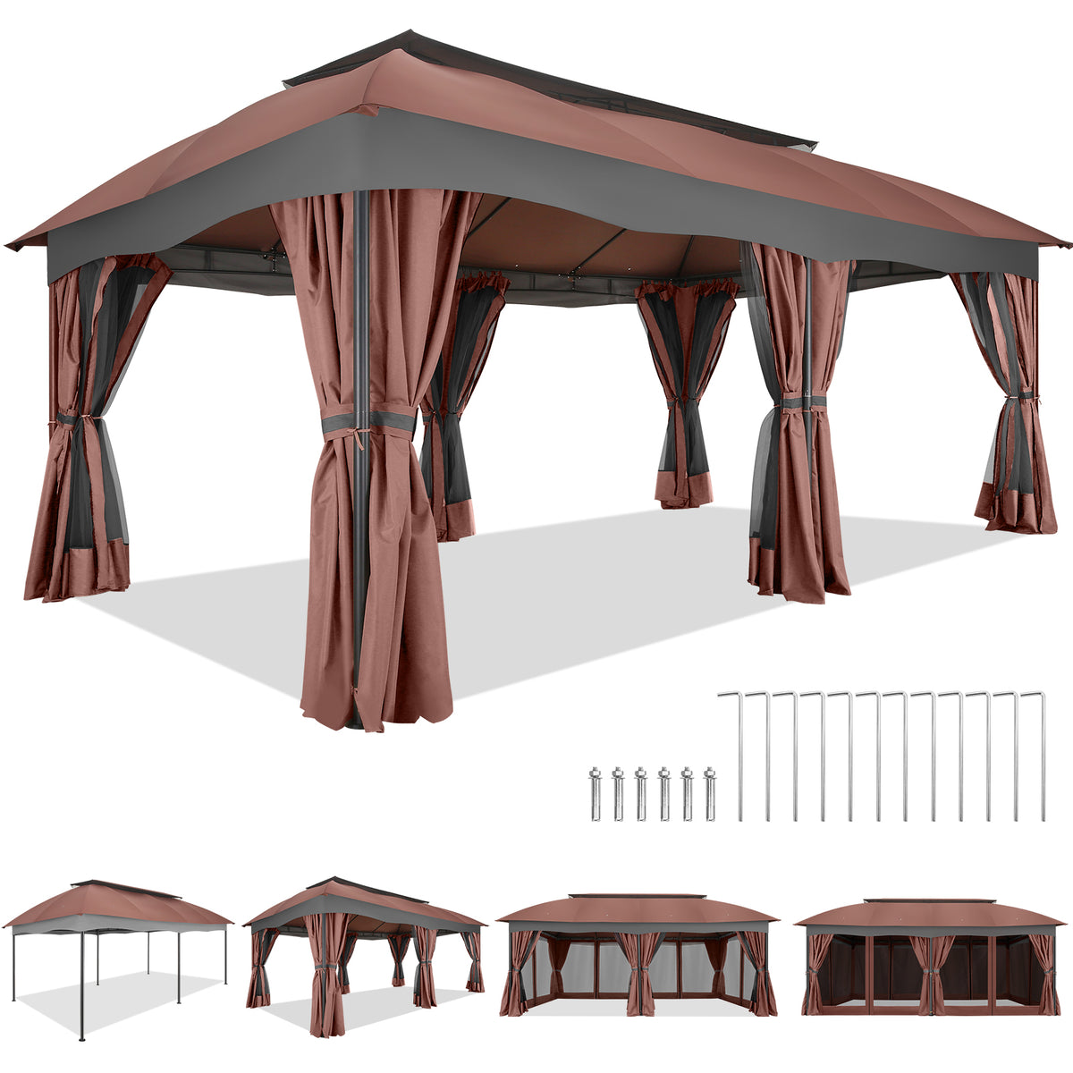 COBIZI Gazebo 12x20 Heavy Duty Patio Gazebo with Mosquito Netting Deck Gazebo with Metal Steel Frame Large Screen Gazebo Tent Waterproof with Double Roof for Party, Backyard, Deck, Garden, Brown