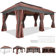 COBIZI Gazebo 12x20 Heavy Duty Patio Gazebo with Mosquito Netting Deck Gazebo with Metal Steel Frame Large Screen Gazebo Tent Waterproof with Double Roof for Party, Backyard, Deck, Garden, Brown