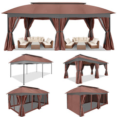 COBIZI Gazebo 12x20 Heavy Duty Patio Gazebo with Mosquito Netting Deck Gazebo with Metal Steel Frame Large Screen Gazebo Tent Waterproof with Double Roof for Party, Backyard, Deck, Garden, Brown