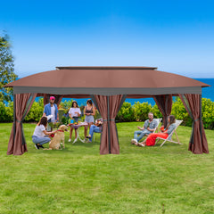COBIZI Gazebo 12x20 Heavy Duty Patio Gazebo with Mosquito Netting Deck Gazebo with Metal Steel Frame Large Screen Gazebo Tent Waterproof with Double Roof for Party, Backyard, Deck, Garden, Brown