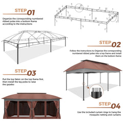 COBIZI Gazebo 12x20 Heavy Duty Patio Gazebo with Mosquito Netting Deck Gazebo with Metal Steel Frame Large Screen Gazebo Tent Waterproof with Double Roof for Party, Backyard, Deck, Garden, Brown