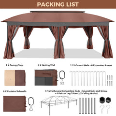 COBIZI Gazebo 12x20 Heavy Duty Patio Gazebo with Mosquito Netting Deck Gazebo with Metal Steel Frame Large Screen Gazebo Tent Waterproof with Double Roof for Party, Backyard, Deck, Garden, Brown