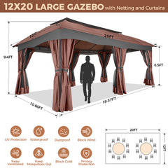 COBIZI Gazebo 12x20 Heavy Duty Patio Gazebo with Mosquito Netting Deck Gazebo with Metal Steel Frame Large Screen Gazebo Tent Waterproof with Double Roof for Party, Backyard, Deck, Garden, Brown