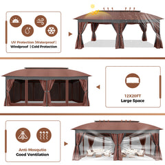COBIZI Gazebo 12x20 Heavy Duty Patio Gazebo with Mosquito Netting Deck Gazebo with Metal Steel Frame Large Screen Gazebo Tent Waterproof with Double Roof for Party, Backyard, Deck, Garden, Brown