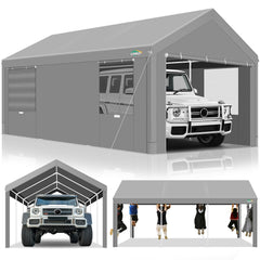 COBIZI Carport 12‘x20’ ft Heavy Duty Car Canopy with Roll-up Windows Portable Garage with Removable Sidewalls & Door, Outdoor Canopy Carport Portable Car Tent Garage Car Canopy with Steel Frame, Gray