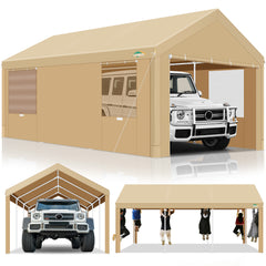 COBIZI Carport 12‘x20’ ft Heavy Duty Car Canopy with Roll-up Windows Portable Garage with Removable Sidewalls & Door, Outdoor Canopy Carport Portable Car Tent Garage Car Canopy with Steel Frame, Gray