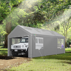 COBIZI Carport 12‘x20’ ft Heavy Duty Car Canopy with Roll-up Windows Portable Garage with Removable Sidewalls & Door, Outdoor Canopy Carport Portable Car Tent Garage Car Canopy with Steel Frame, Gray