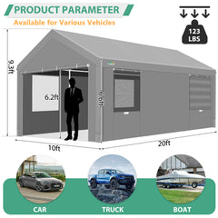 COBIZI Carport 12‘x20’ ft Heavy Duty Car Canopy with Roll-up Windows Portable Garage with Removable Sidewalls & Door, Outdoor Canopy Carport Portable Car Tent Garage Car Canopy with Steel Frame, Gray