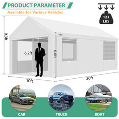 Hoteel Carport 10x20 ft Heavy Duty Car Canopy with Roll-up Windows Portable Garage with Removable Sidewalls & Door, Outdoor Canopy Carport Portable Car Tent Garage Car Canopy with Steel Frame