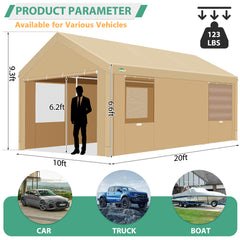 COBIZI Carport 10'x20' Large Heavy Duty Car Canopy with Steel Frame, Portable Garage Wedding Tent Big Tents Carports Shelter, All-Season Tarp for Outdoor Party Birthday, Khaki