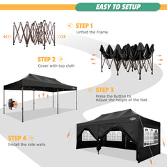 COBIZI 10'x20' Heavy Duty Canopy with Sidewalls, Ez Pop up Canopies, Folding Protable Party Tent, Outdoor Sun Shade Wedding Gazebos with Roller Bag,Black