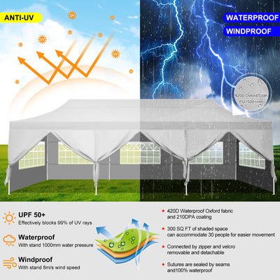 HOTEEL 10¡¯x30' pop-up tent, suitable for parties, heavy-duty easy-to-set-up tent with 8 side walls, outdoor commercial instant gazebo, suitable for wedding events, with portable bag