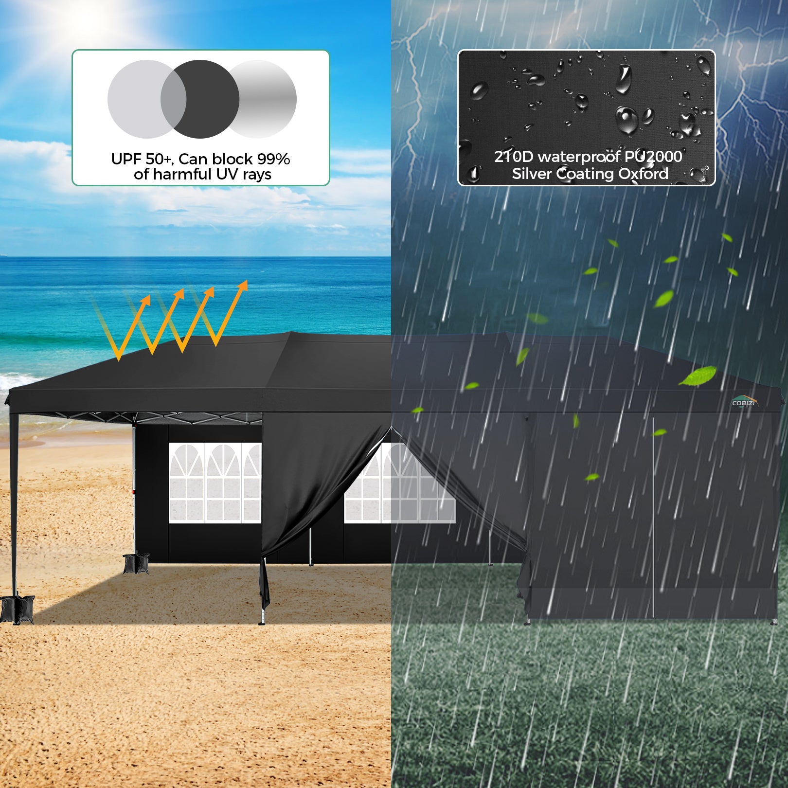 COBIZI 10'x30' Pop up Canopy with 6 Sidewalls & Carry Bag, Black SPC204