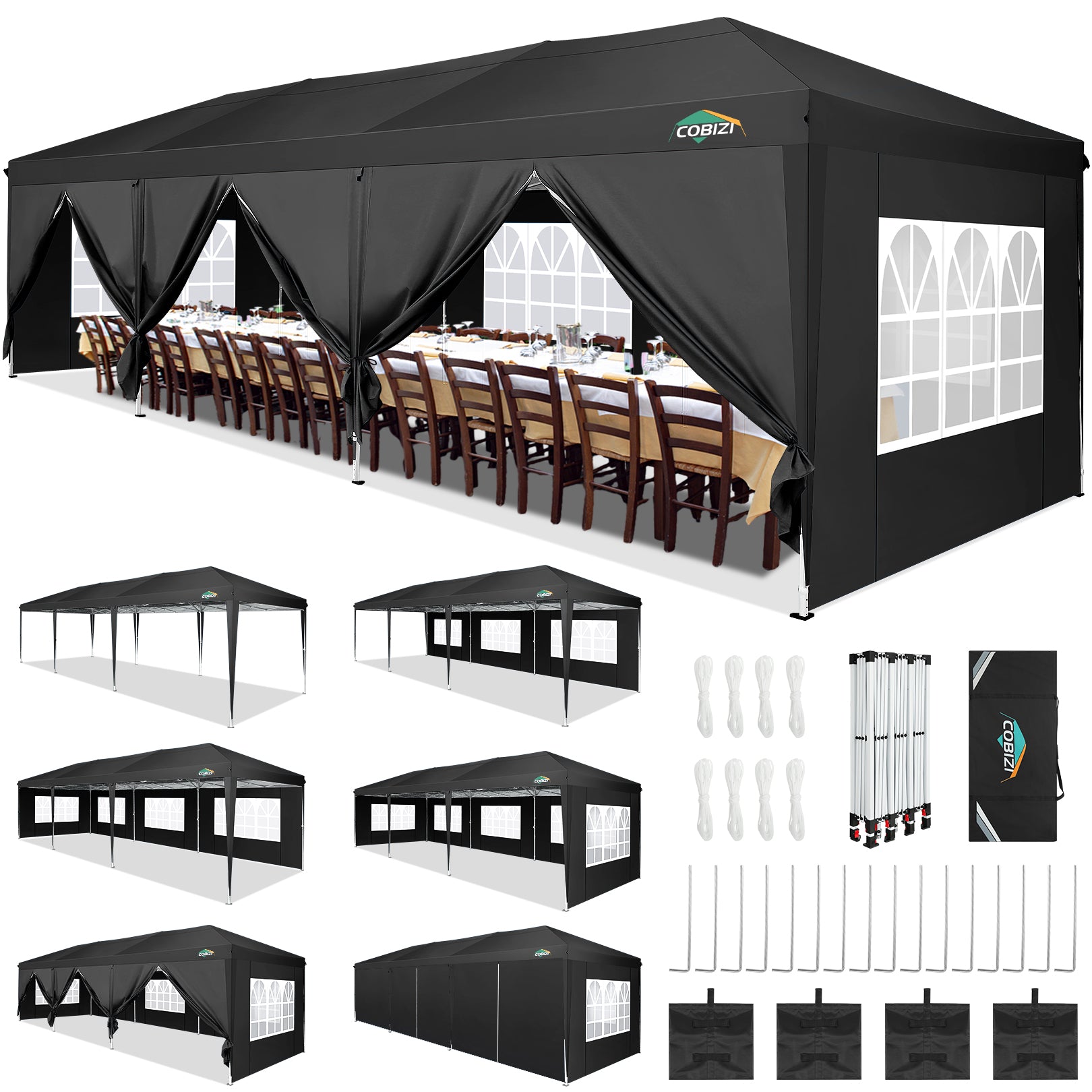 COBIZI 10'x30' Pop up Canopy with 6 Sidewalls & Carry Bag, Black SPC204