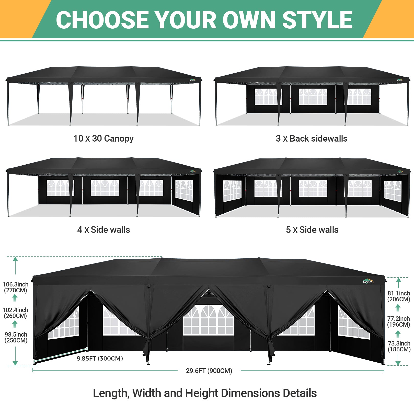 COBIZI 10'x30' Pop up Canopy with 6 Sidewalls & Carry Bag, Black SPC204