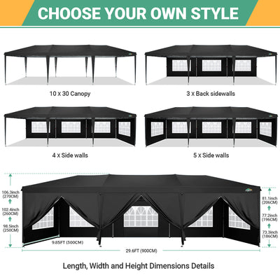 COBIZI 10'x30' Pop up Canopy with 6 Sidewalls & Carry Bag, Black SPC204