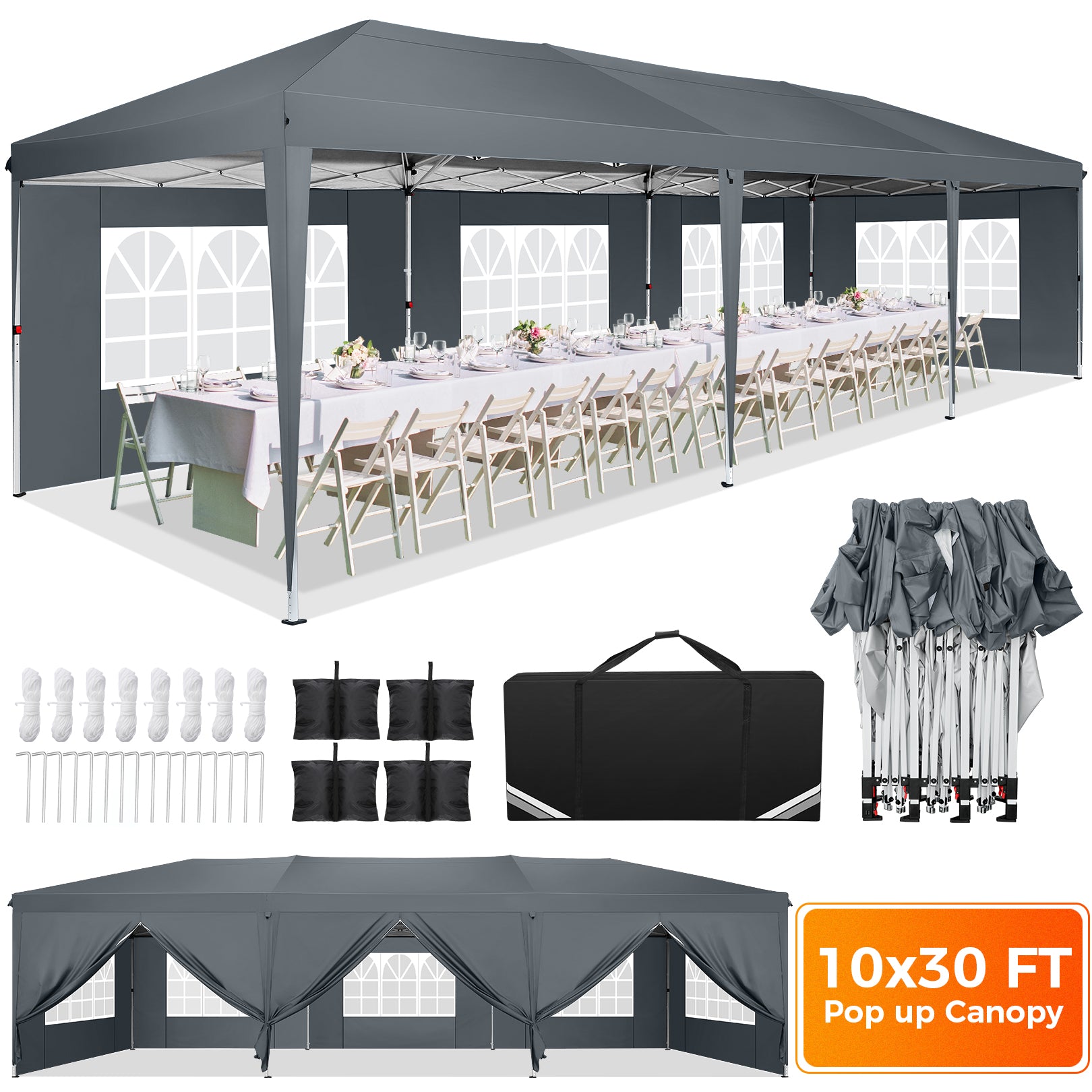 COBIZI 10x30 Pop Up Canopy Tent with 5 Sidewalls, One-Push Center Lock, UPF 50+ Waterproof Outdoor Gazebo, Easy Up Party Tent with Roller Bag, Air Vent & Sandbags, Black
