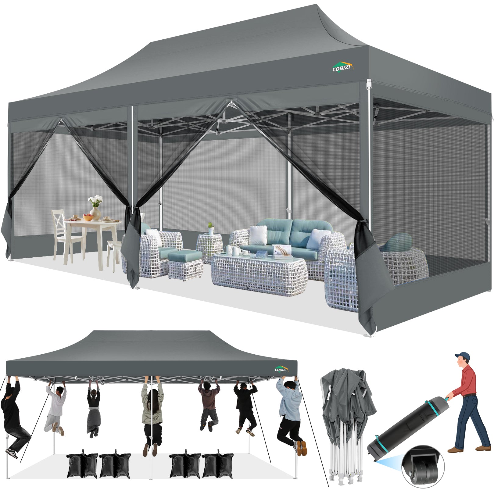 COBIZI 10'x20' Heavy Duty Canopy Gazebo, Ez up with 6 Netting Sidewalls SPC000097