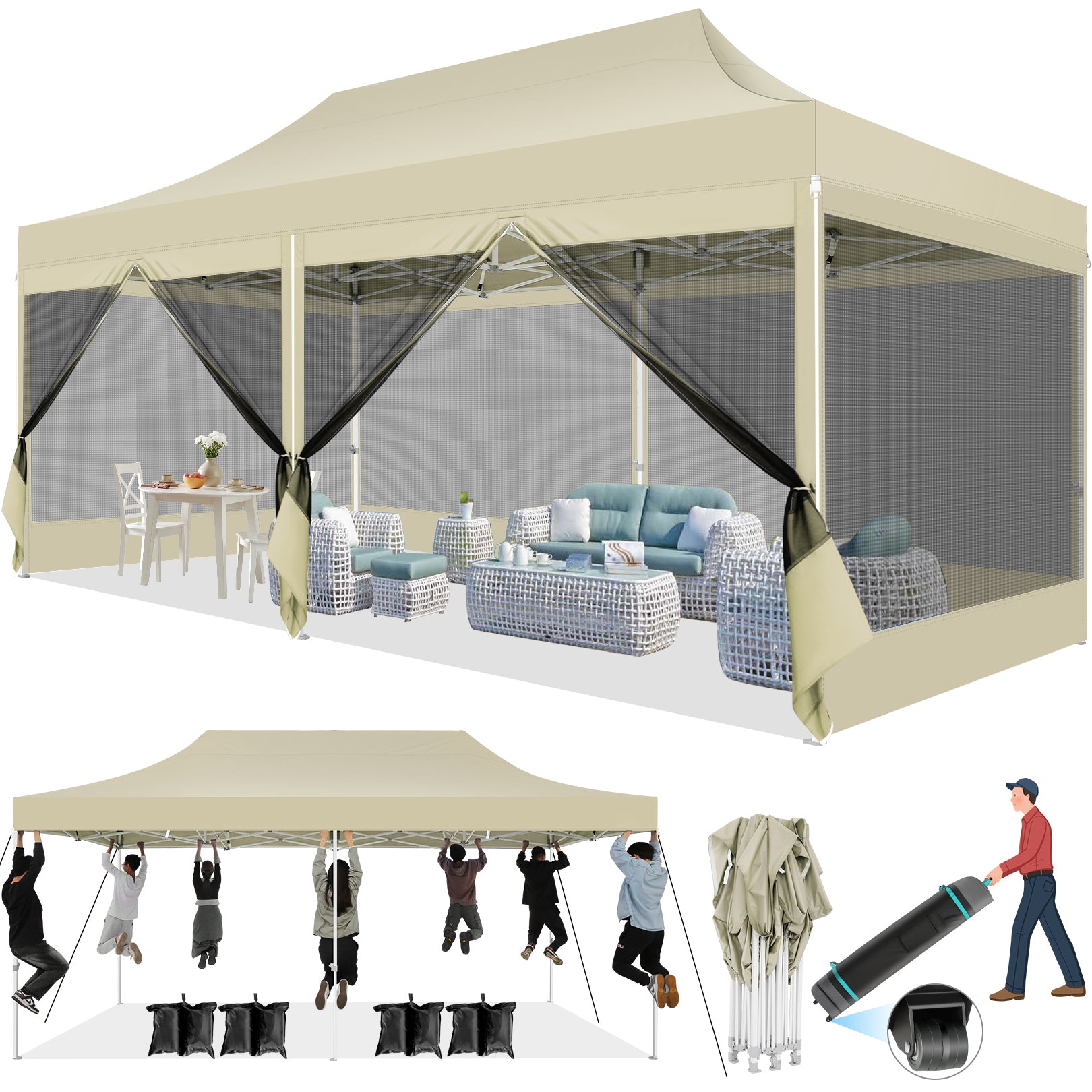 COBIZI 10'x20' Heavy Duty Canopy Gazebo, Ez up with 6 Netting Sidewalls SPC000097