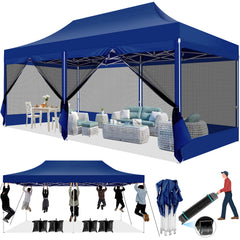 COBIZI 10'x20' Heavy Duty Canopy Tent, Pop up Gazebo with Netting Screened ,Waterproof Ez up Canopy with Sidewalls, Outdoor Instant Party Tent for Backyard,Dark Blue