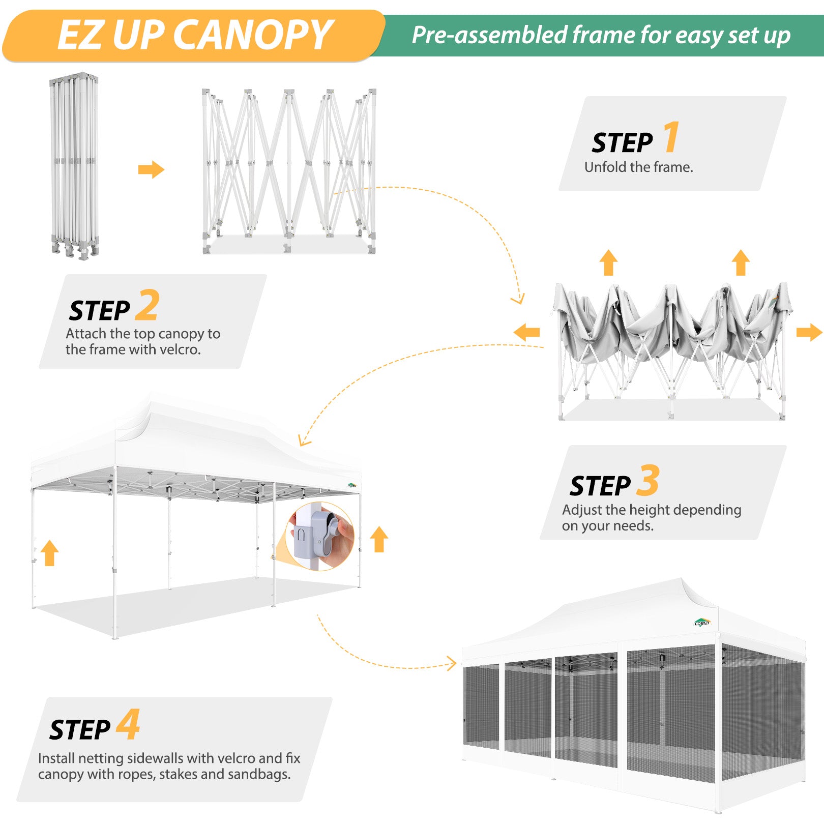 COBIZI 10'x20' Heavy Duty Canopy Gazebo, Ez up with 6 Netting Sidewalls SPC000097