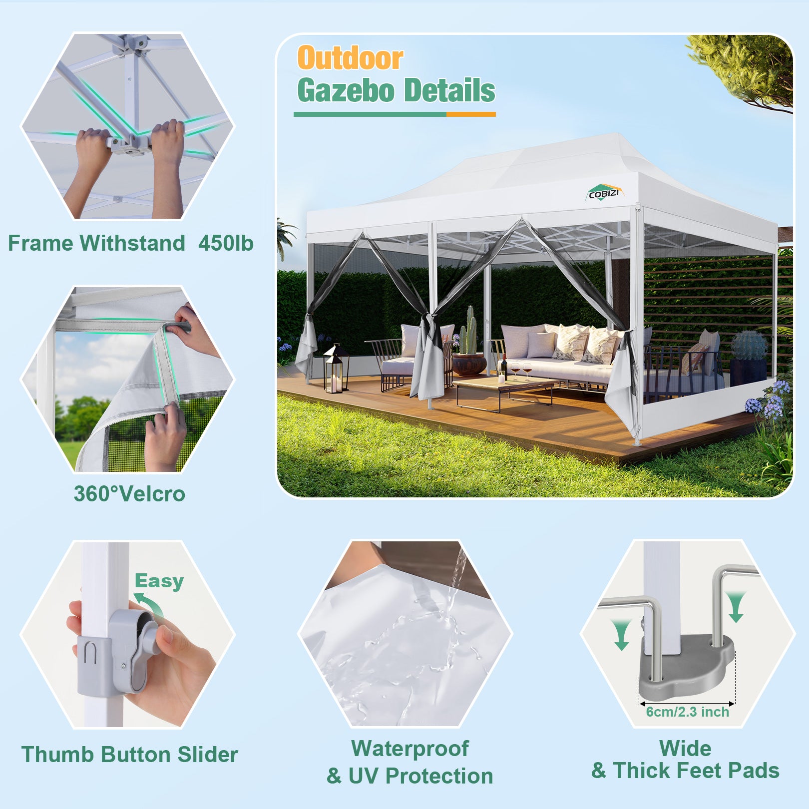 COBIZI 10'x20' Heavy Duty Canopy Gazebo, Ez up with 6 Netting Sidewalls SPC97