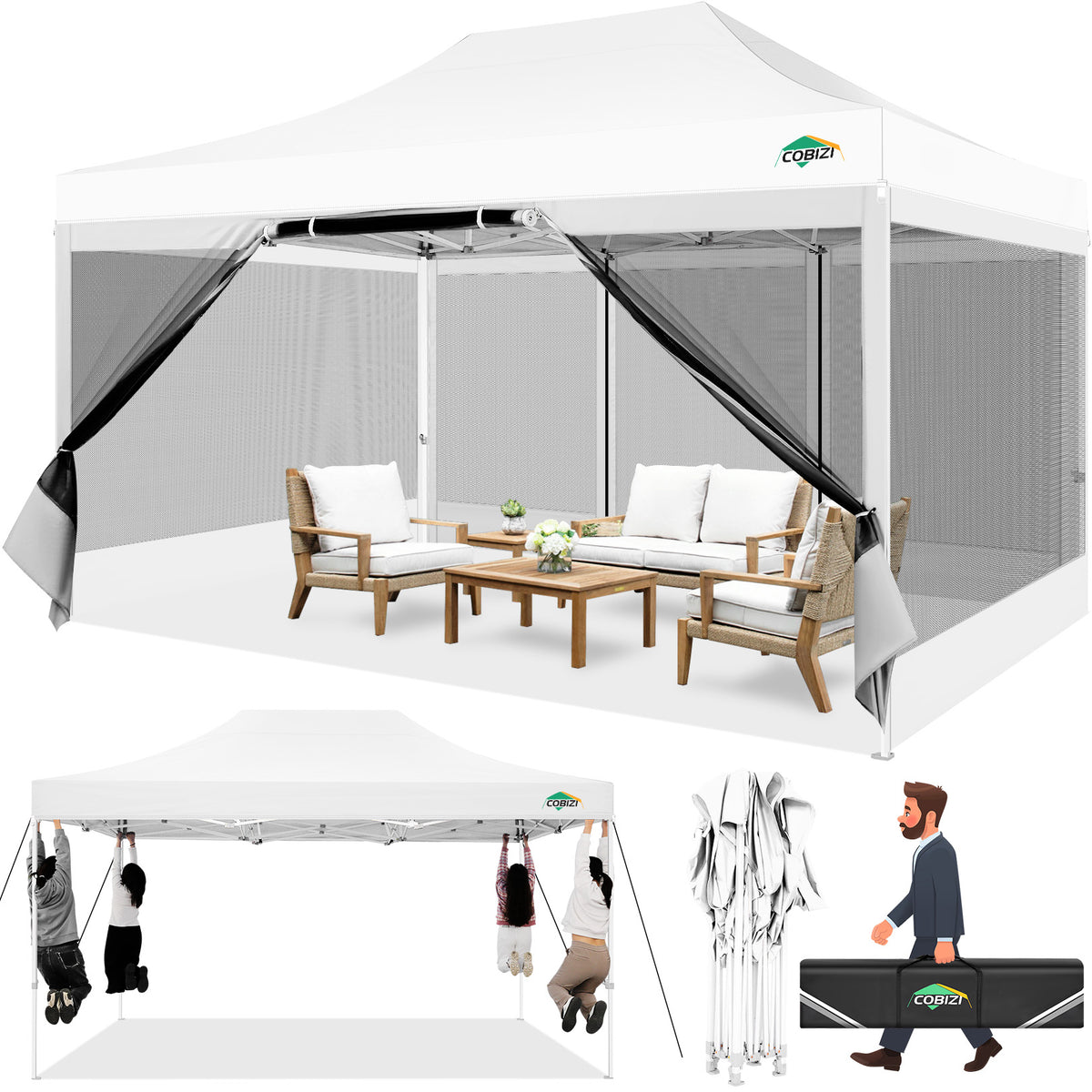 COBIZI 10'x15' Heavy Duty Pop Up Canopy Gazebo with Netting Screened SPC112