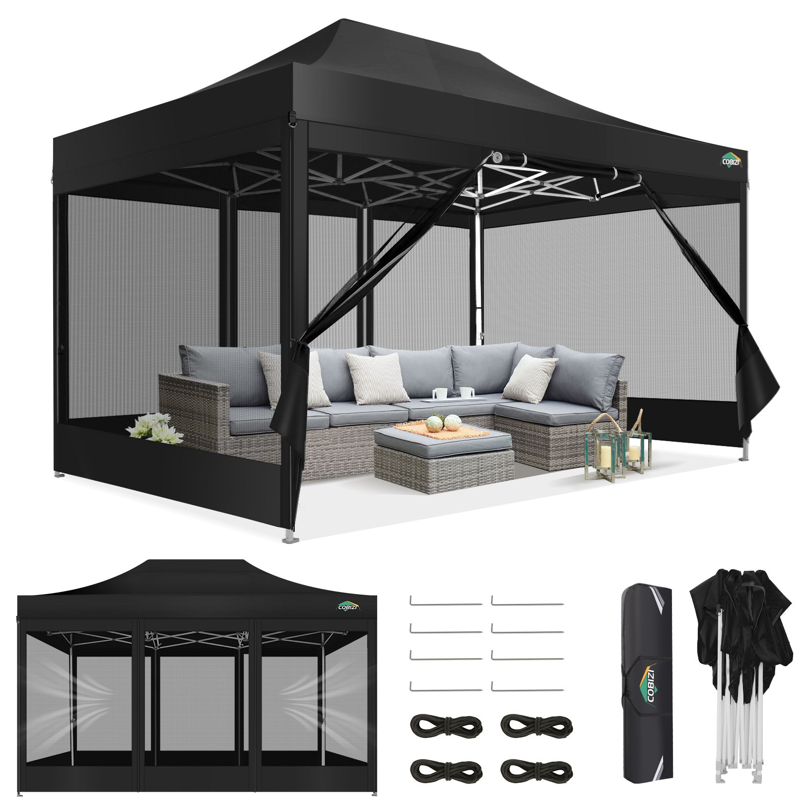 COBIZI 10'x15' Heavy Duty Pop Up Canopy Gazebo with Netting Screened, Gray SPC112