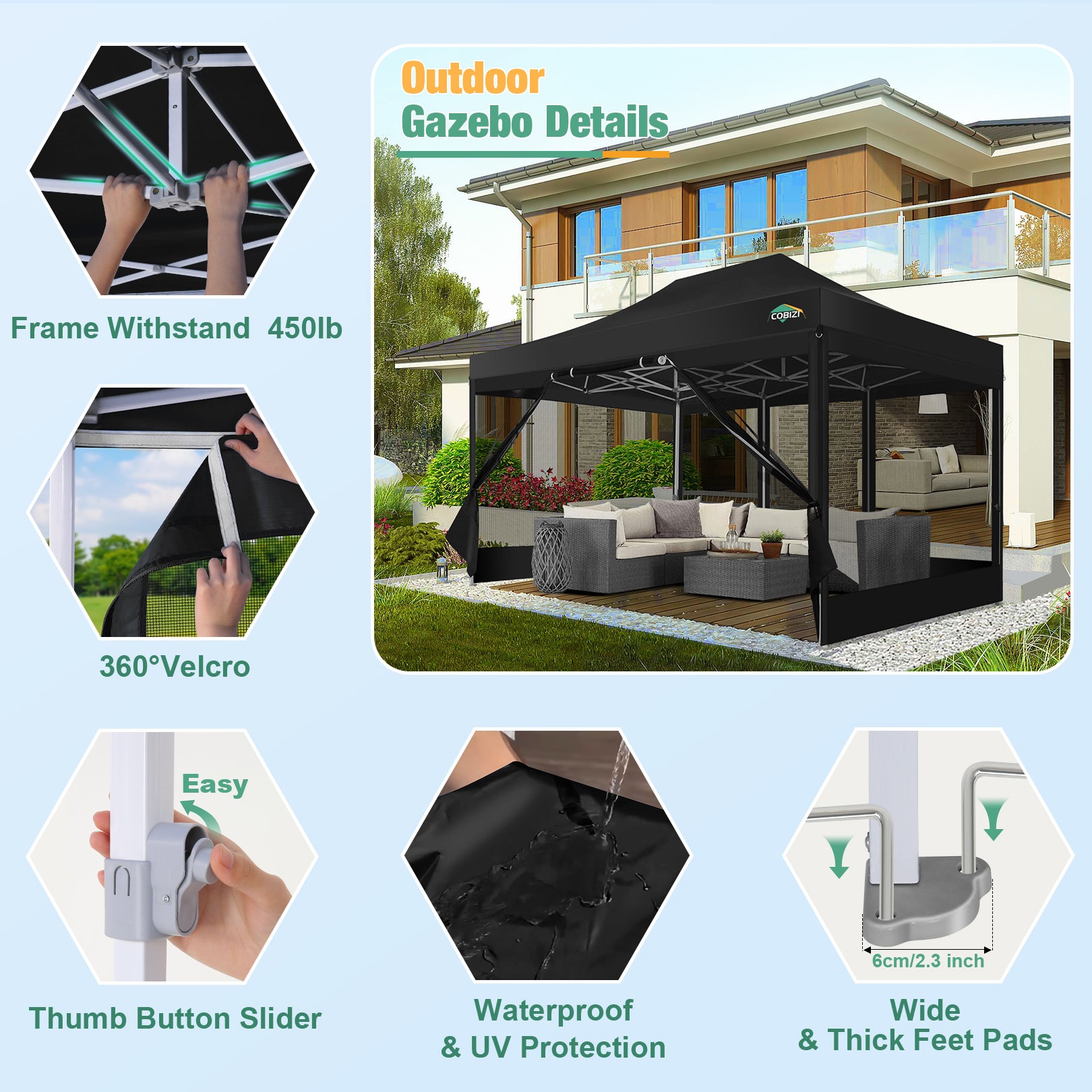 COBIZI 10'x15' Heavy Duty Pop Up Canopy Gazebo with Netting Screened, Gray SPC112