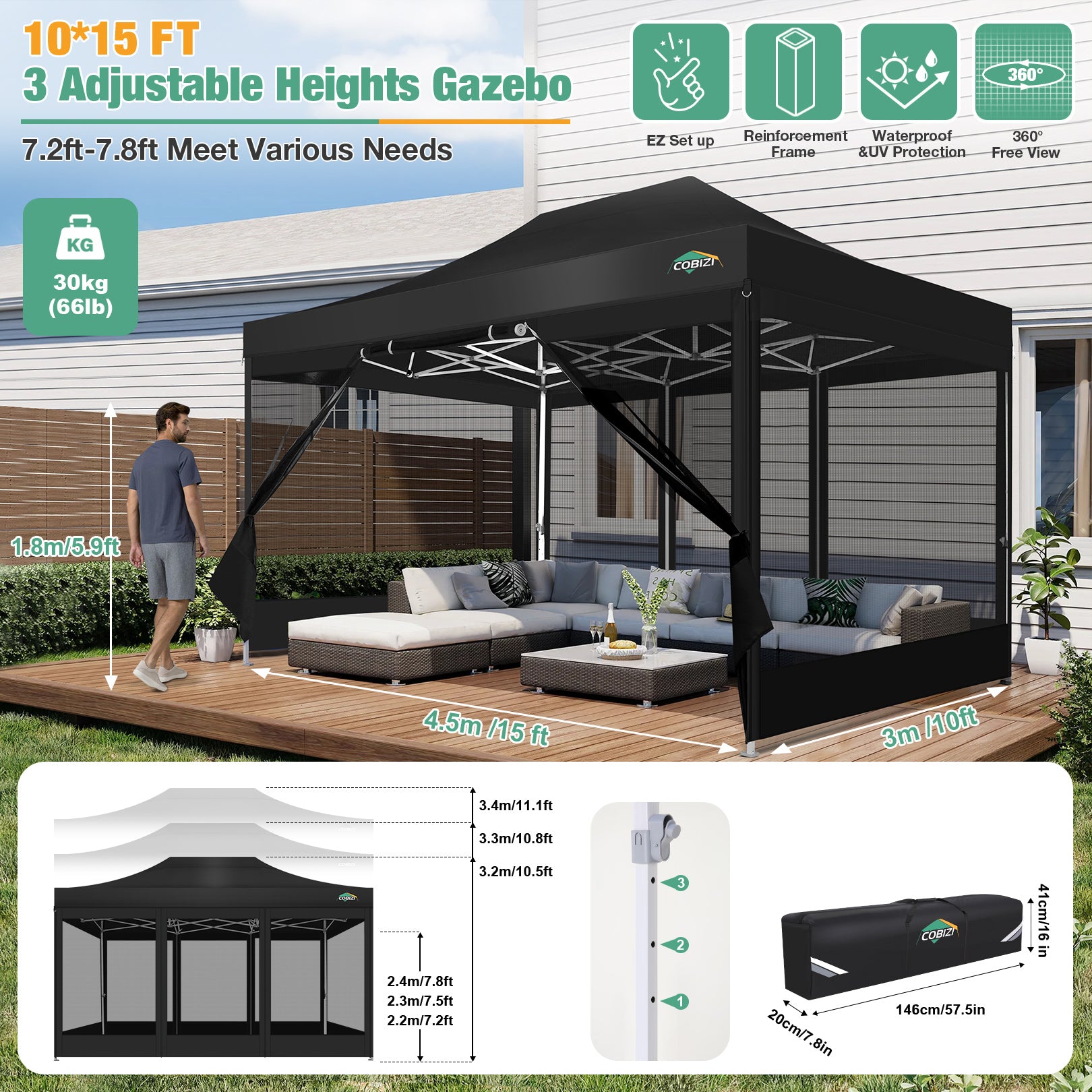 COBIZI 10'x15' Heavy Duty Pop Up Canopy Gazebo with Netting Screened, Gray SPC112