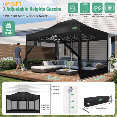 COBIZI 10'x15' Heavy Duty Pop Up Canopy Gazebo with Netting Screened, Gray SPC112