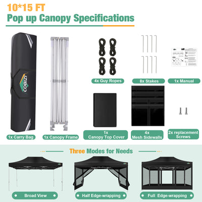 COBIZI 10'x15' Heavy Duty Pop Up Canopy Gazebo with Netting Screened, Gray SPC112