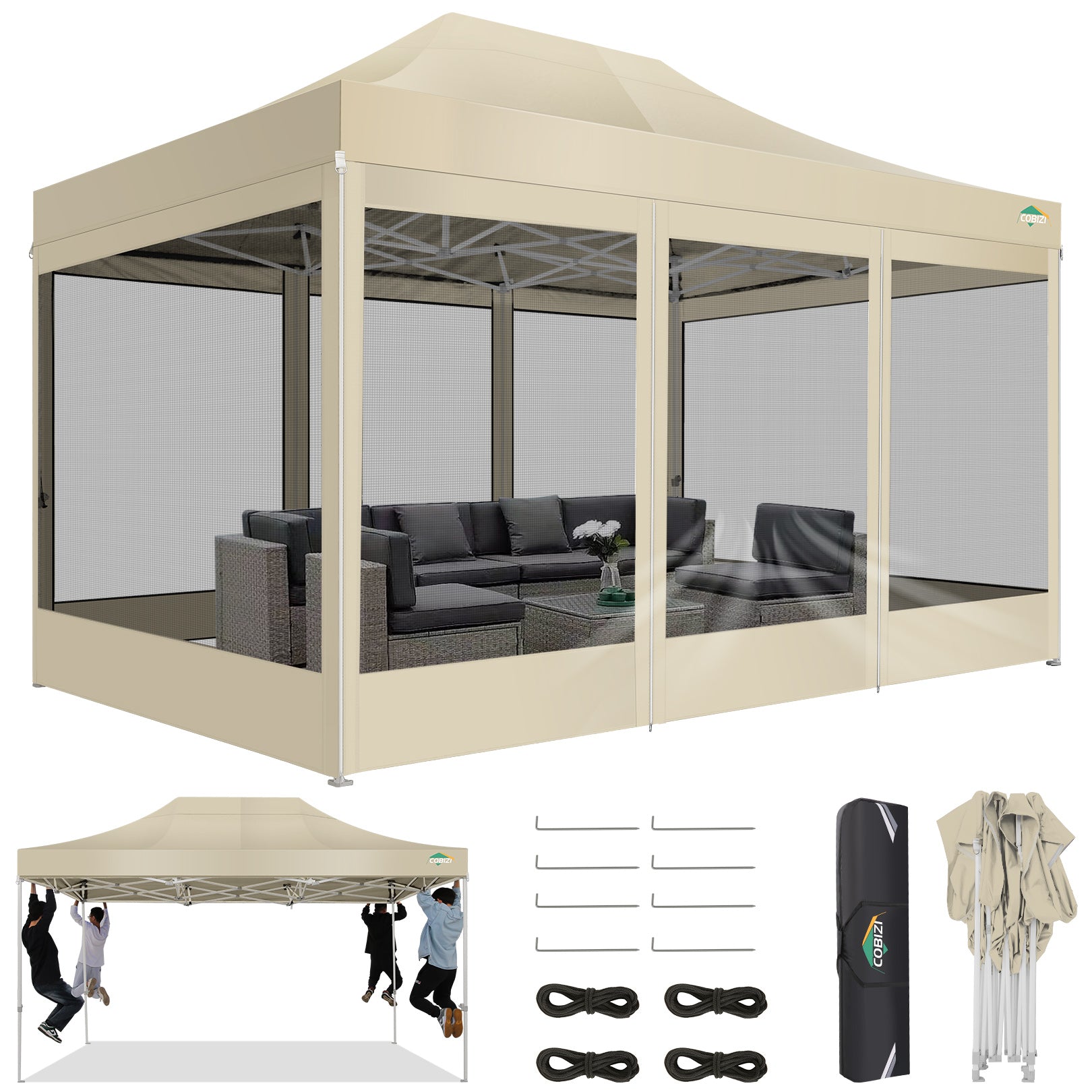 COBIZI 10'x15' Heavy Duty Pop Up Canopy Gazebo with Netting Screened, Gray SPC000112