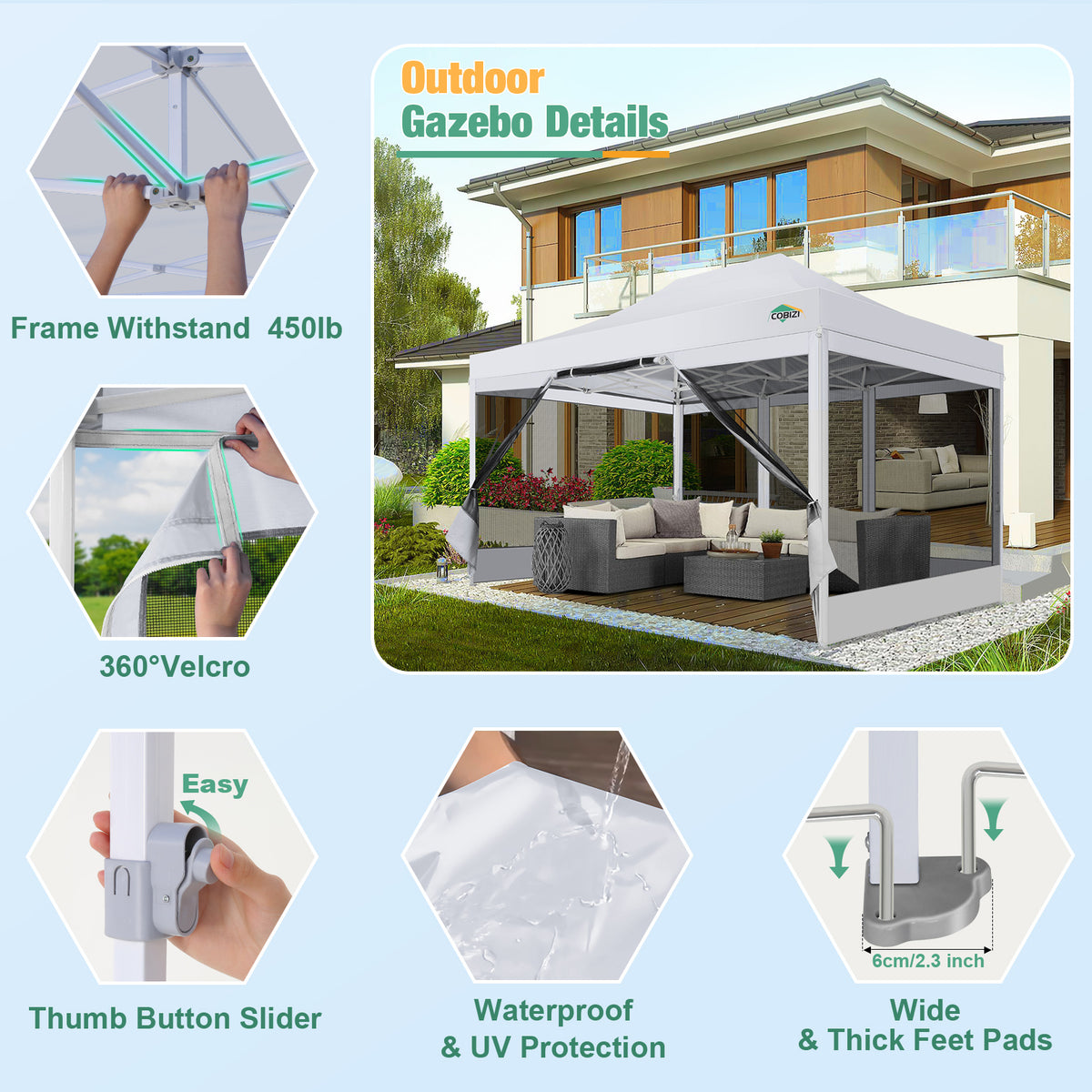 COBIZI 10'x15' Heavy Duty Pop Up Canopy Gazebo with Netting Screened SPC112