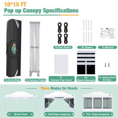 COBIZI 10'x15' Heavy Duty Pop Up Canopy Gazebo with Netting Screened SPC112