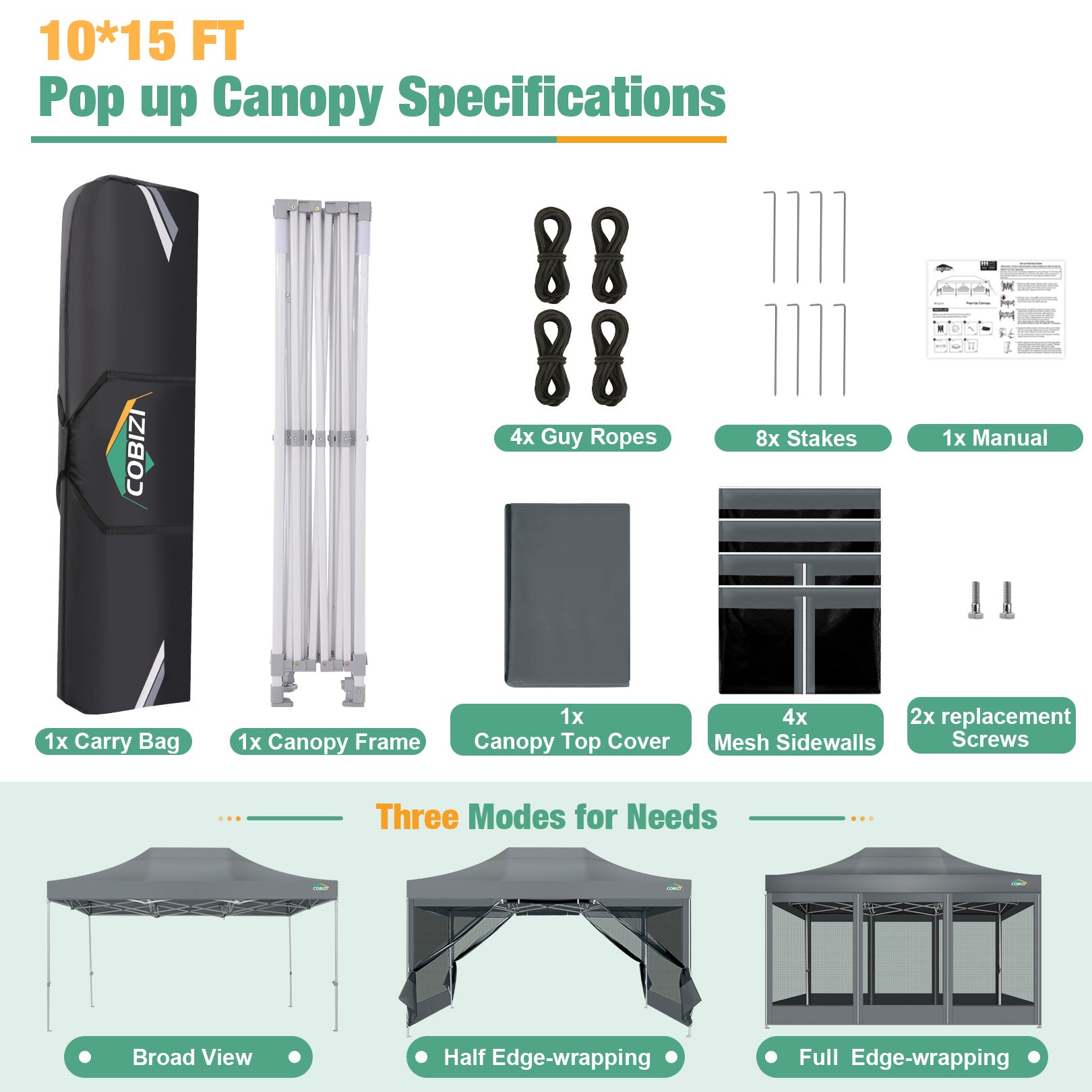 COBIZI 10'x15' Heavy Duty Pop Up Canopy Gazebo with Netting Screened, Gray SPC000112