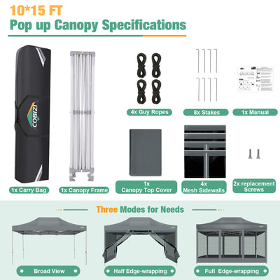 COBIZI 10'x15' Heavy Duty Pop Up Canopy Gazebo with Netting Screened, Gray SPC000112