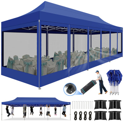 COBIZI 10'x30' Heavy Duty Canopy Tent, Pop up Gazebo with Netting Screened ,Waterproof Ez up Canopy with Sidewalls, Outdoor Instant Party Tent for Backyard,Dark Blue
