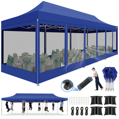 COBIZI 10'x30' Heavy Duty Canopy Tent, Pop up Gazebo with Netting Screened ,Waterproof Ez up Canopy with Sidewalls, Outdoor Instant Party Tent for Backyard,Dark Blue