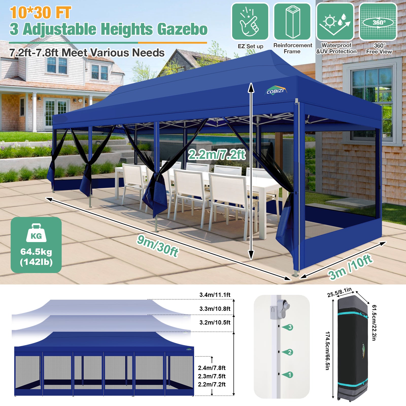 COBIZI 10'x30' Heavy Duty Canopy Tent, Pop up Gazebo with Netting Screened ,Waterproof Ez up Canopy with Sidewalls, Outdoor Instant Party Tent for Backyard,Dark Blue