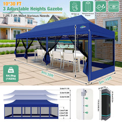 COBIZI 10'x30' Heavy Duty Canopy Tent, Pop up Gazebo with Netting Screened ,Waterproof Ez up Canopy with Sidewalls, Outdoor Instant Party Tent for Backyard,Dark Blue