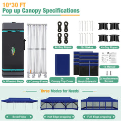 COBIZI 10'x30' Heavy Duty Canopy Tent, Pop up Gazebo with Netting Screened ,Waterproof Ez up Canopy with Sidewalls, Outdoor Instant Party Tent for Backyard,Dark Blue