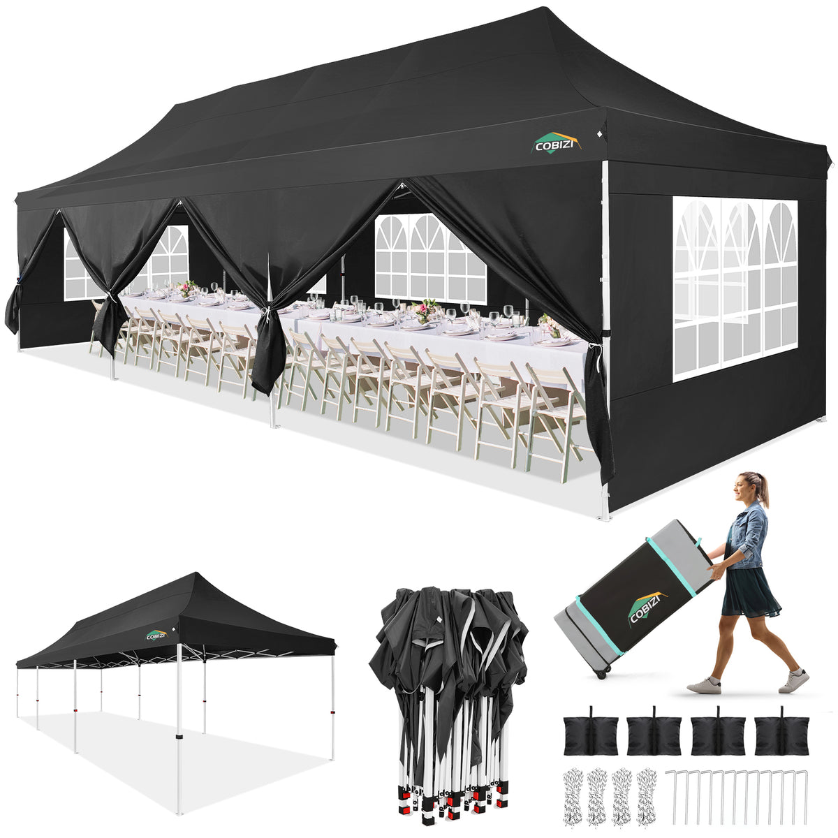 Cobizi 10'x10'/10'x20/10'x30' Protable Waterproof Pop up Canopy with 6 Sidewalls  SPC202