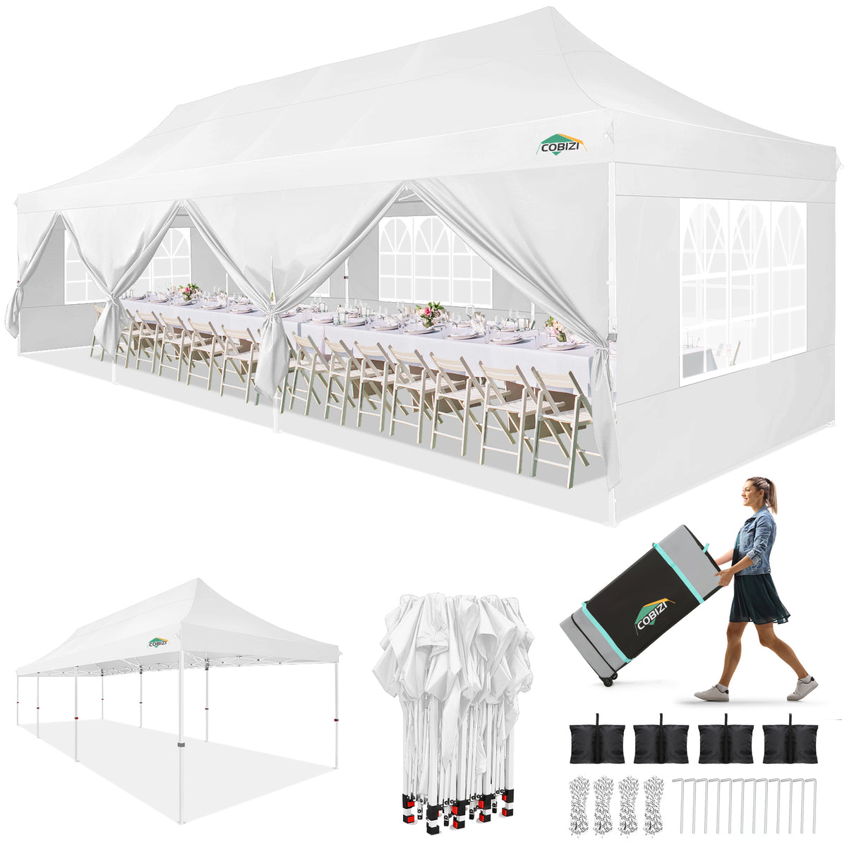 Cobizi 10'x10'/10'x20/10'x30' Protable Waterproof Pop up Canopy with 6 Sidewalls  SPC202