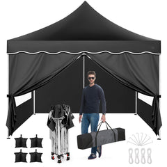 HOTEEL 10x10 Outdoor Canopy Party Tent EZ Pop Up Canopy Portable Commercial Instant Canopy Shelter Tent Waterproof Gazebo with 4 Sidewalls & Carry Bag,Stakes & Ropes,Black
